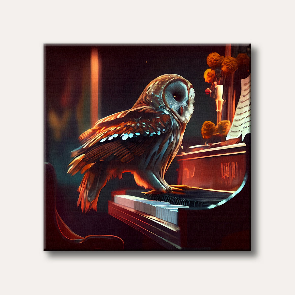 A wise owl stands elegantly on a piano keyboard, illuminated by warm light, in a stylized, dramatic digital painting.