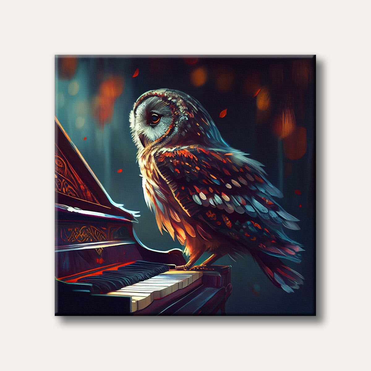 A beautifully painted owl with vibrant, detailed feathers perched on a grand piano, set against a dark, mystical background with glowing orange bokeh lights.