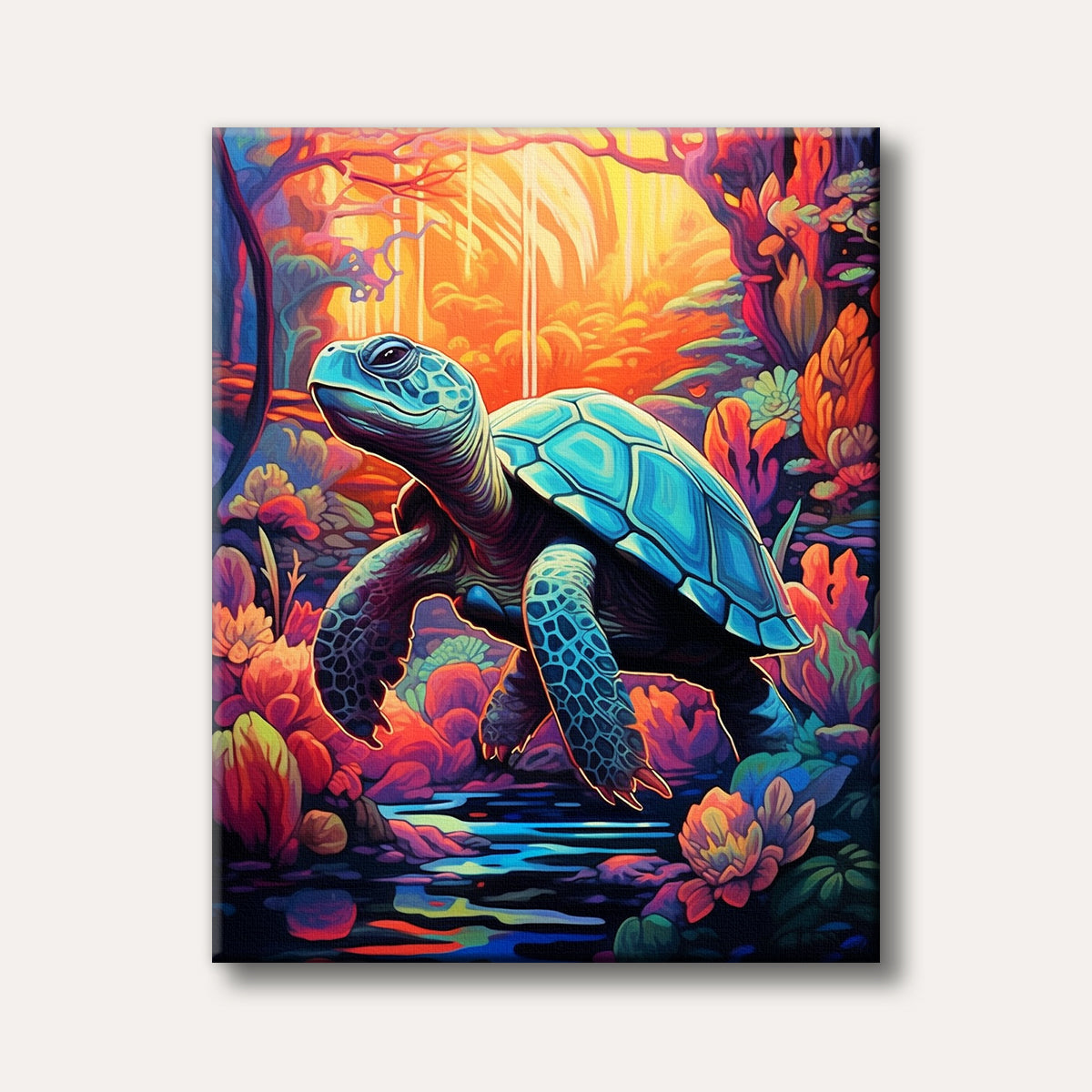 A vibrant, stylized painting of a turquoise sea turtle with glowing outlines, moving through an intensely colourful, dreamlike underwater landscape with exotic flora, rendered in a pop art or fantasy style.