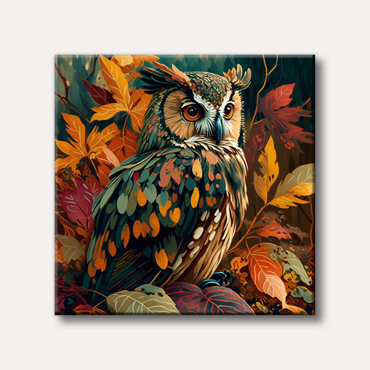 A majestic owl with intricate, colourful plumage and bright orange eyes, surrounded by deep orange, red, and green autumn leaves, rendered in a detailed, stylized painting technique.