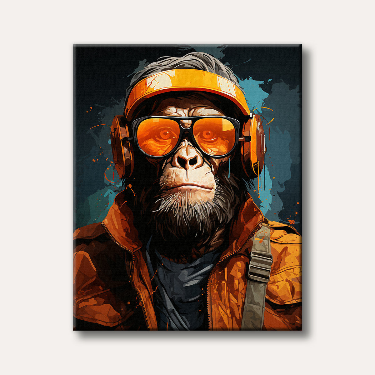 A cool chimpanzee wearing orange headphones and sunglasses, depicted in a bold, graphic art style with paint splatters.