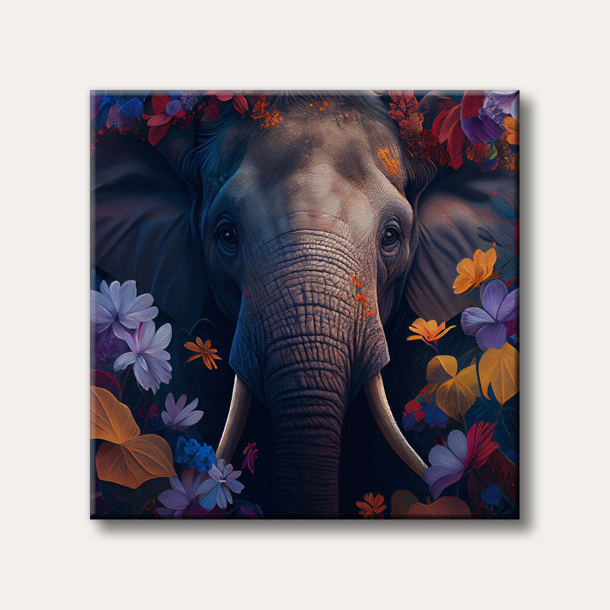A majestic elephant's face, with large ears and tusks, is shown front and center, surrounded by a lush and colourful array of abstract flowers and leaves in shades of purple, red, orange, and blue, all against a dark background, in a highly stylized and painterly art style.
