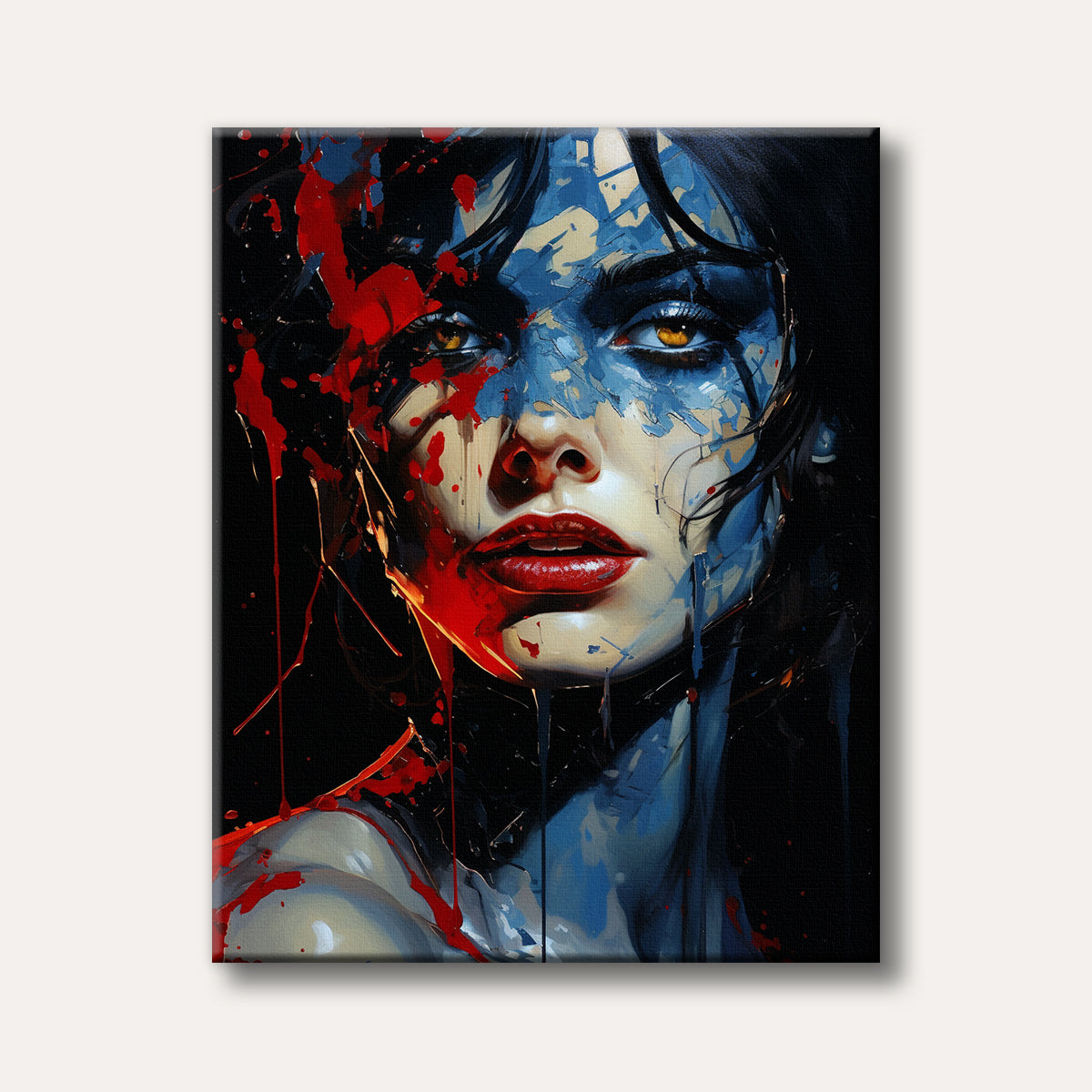 A striking abstract portrait of a woman with bold red and blue paint splashes on her face, featuring intense amber eyes and a dramatic, modern art style.