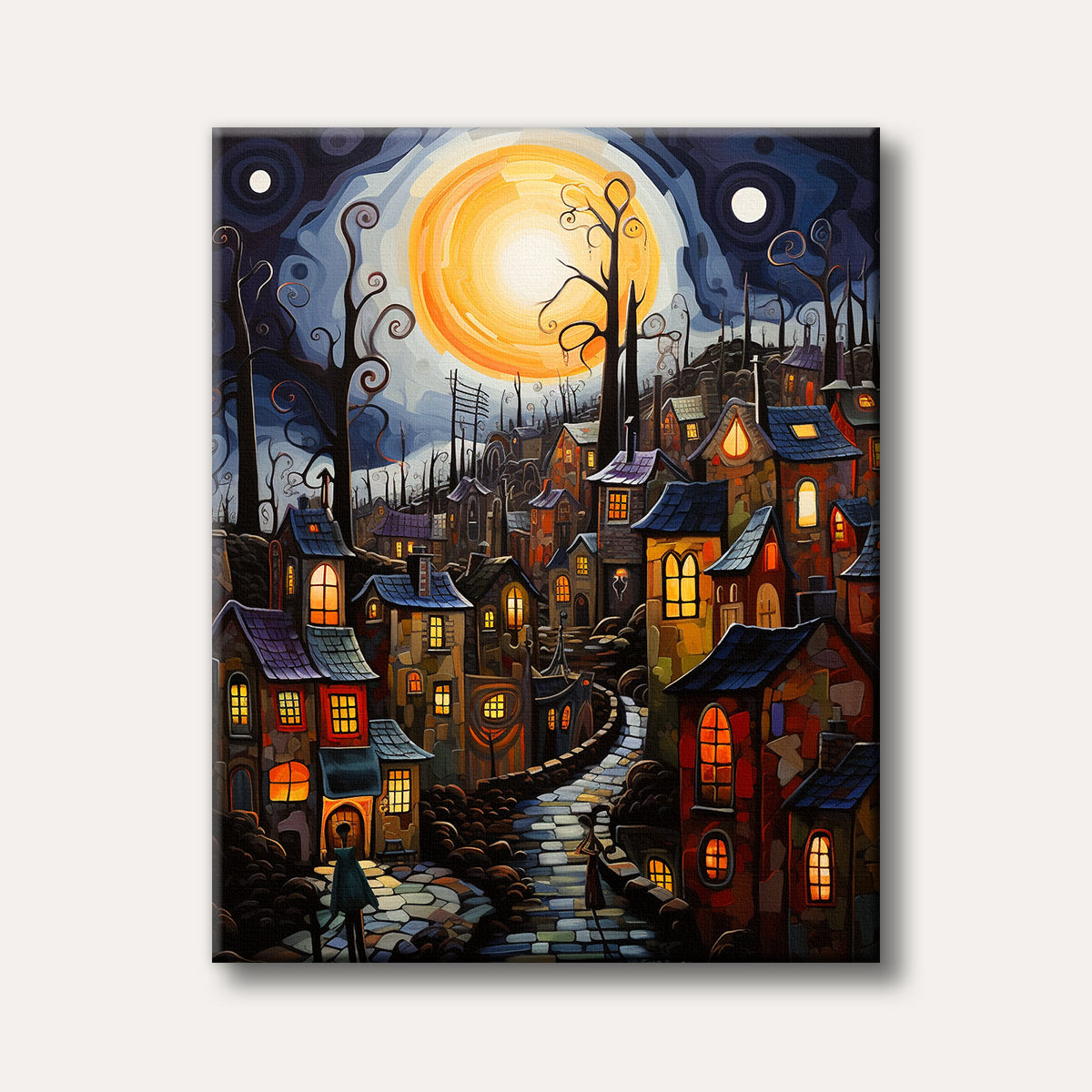 A whimsical, stylized painting of a village with glowing windows and winding paths under a huge, vibrant orange moon, depicting a fantastical night scene.
