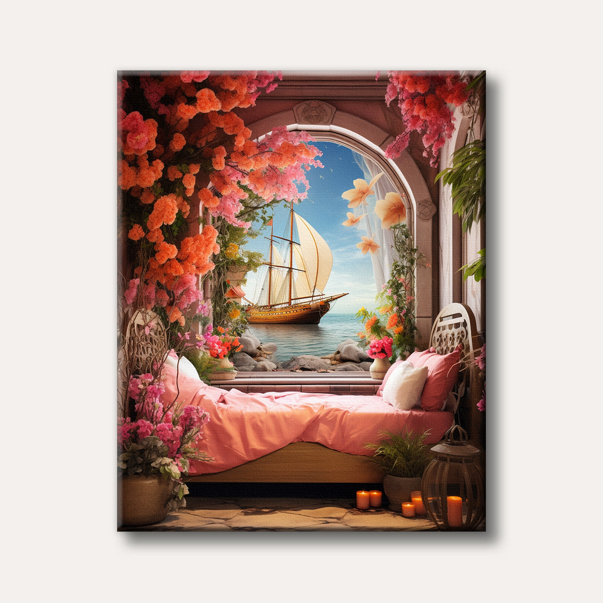 A lush, romantic indoor setting with a bed surrounded by vibrant pink and orange flowers, looking out through an arched window at a sailboat on a calm blue sea, depicted in a detailed, dreamlike style.