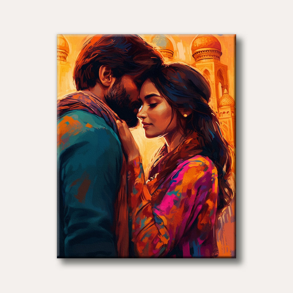 A vibrant and expressive painting of a couple in a loving embrace, set against a warm, sunlit backdrop of ornate architectural domes.