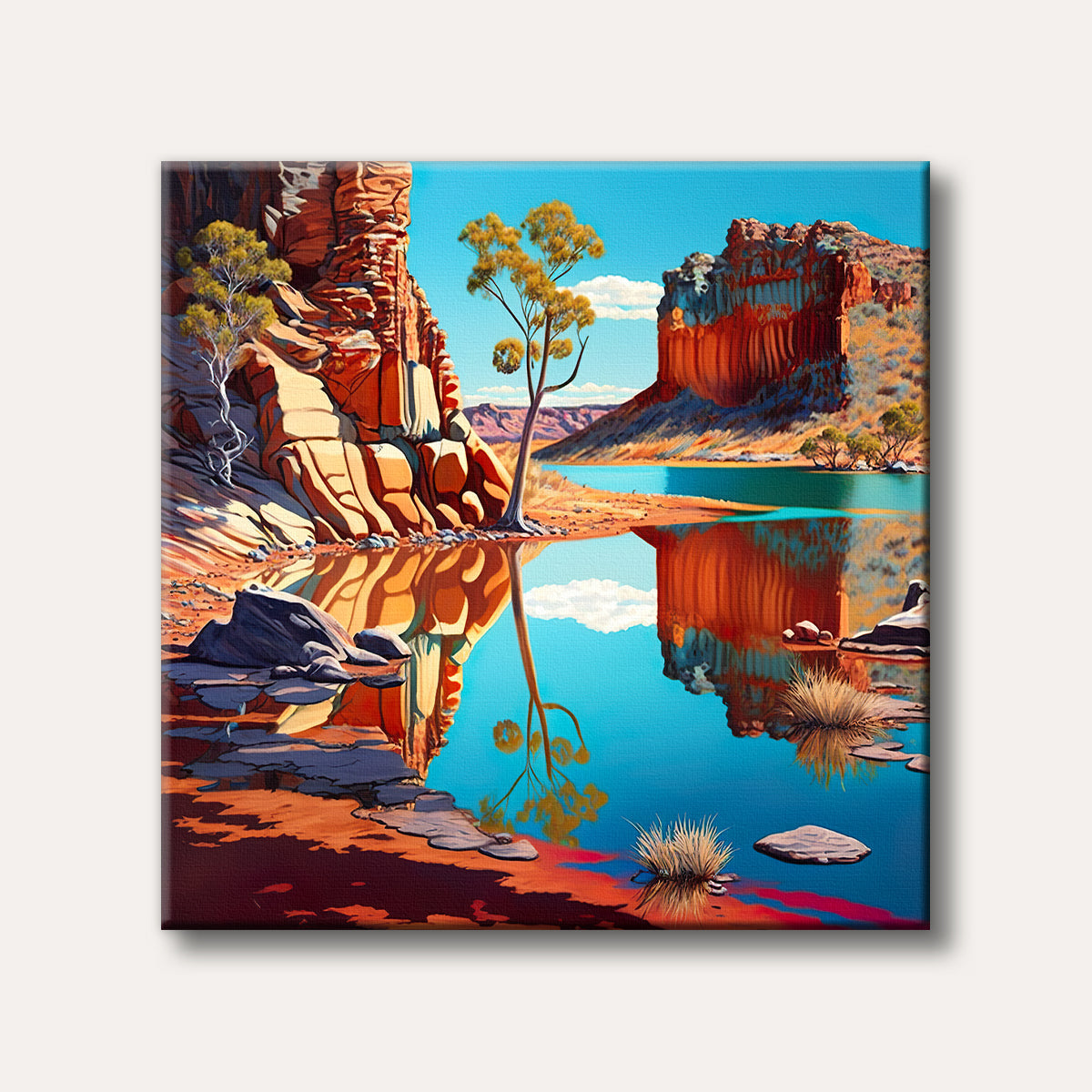 A vibrant desert landscape painting showing towering red rock cliffs reflected in a calm blue lake, with a lone tree on the shore.