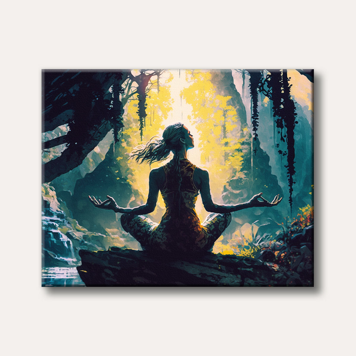 A vibrant digital painting of a woman meditating in a lotus position, silhouetted against a glowing yellow forest with teal shadows and a waterfall, conveying peace and serenity.