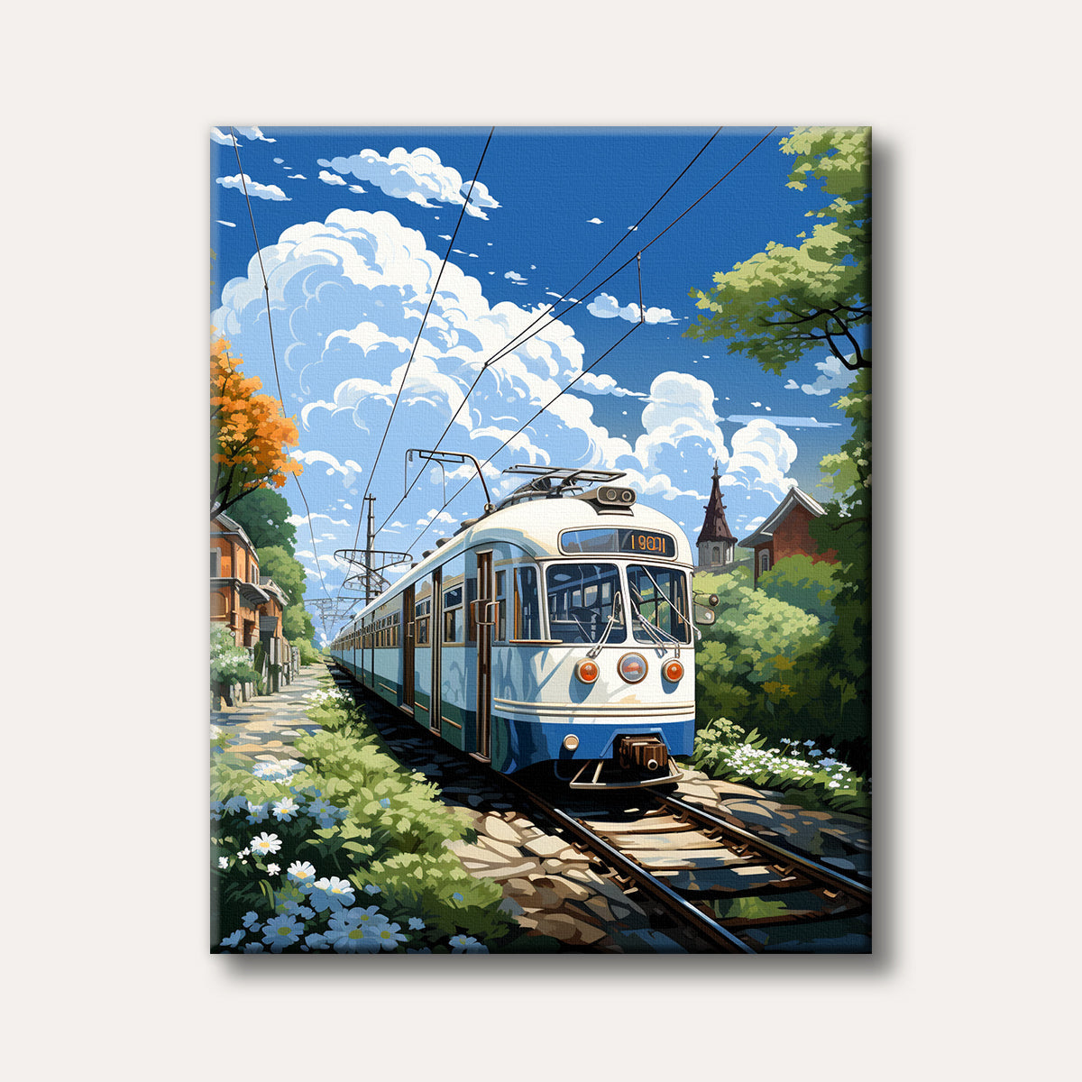 A charming vintage white and blue tram travels along sunlit tracks through a vibrant, green landscape with quaint buildings under a clear blue sky, depicted in a bright and serene art style.