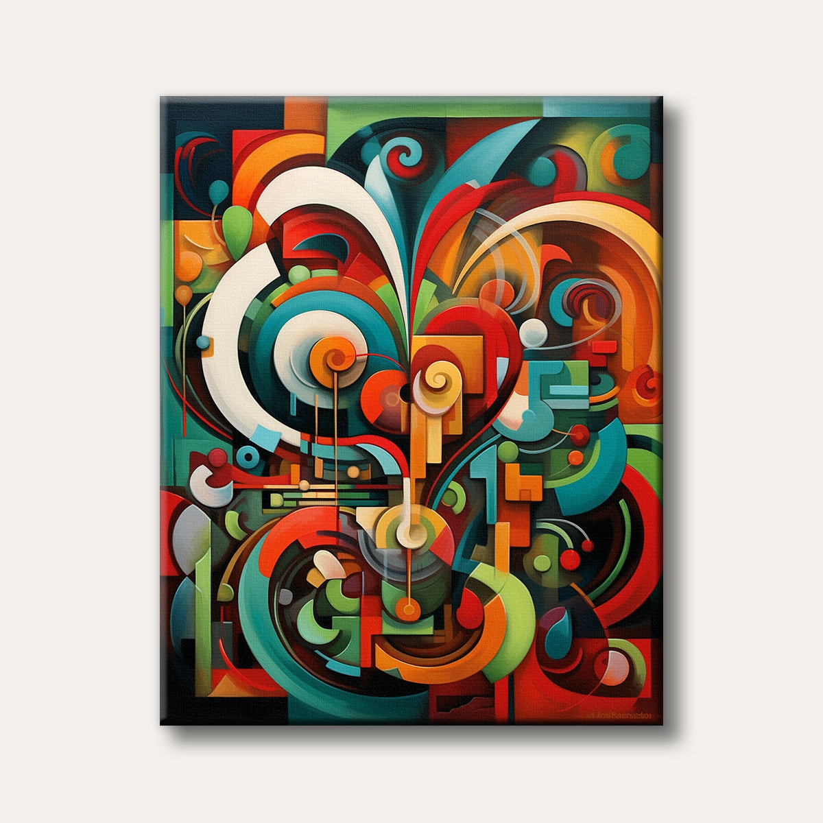 A vibrant abstract painting composed of interconnected geometric shapes and flowing lines in an array of red, orange, green, blue, and white, creating a dynamic and modern art piece.