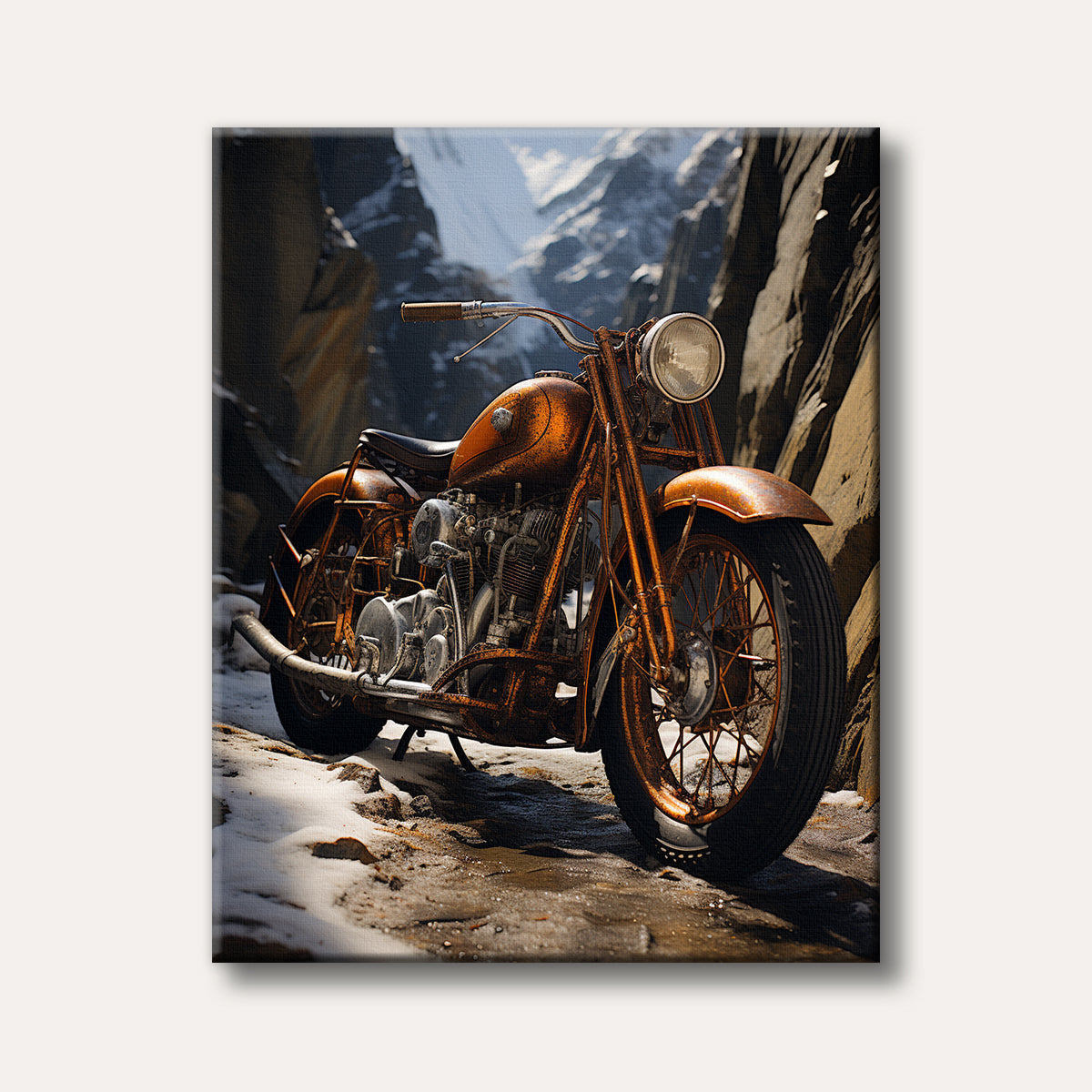 A detailed image of a vintage, rust-covered motorcycle parked on a snowy, rocky mountain path with tall cliffs and distant peaks, rendered in a realistic style.