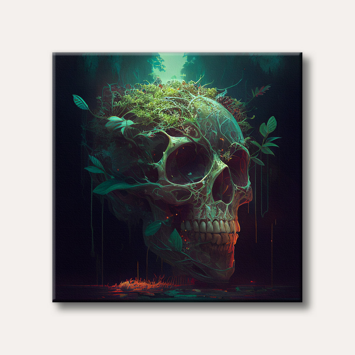 A detailed painting of a human skull completely overgrown with vibrant green moss and leafy plants, set against a dark, mystical forest background with subtle glowing light, in a dark fantasy art style.