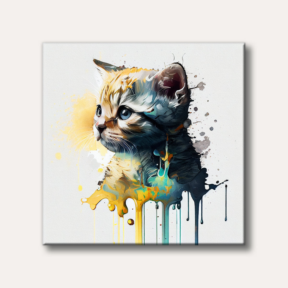 A vibrant watercolour painting of a kitten's head, with a dynamic splash effect of yellow, blue, and black paint dripping down, set against a white background.