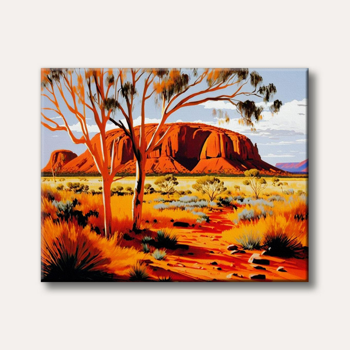 A vibrant painting depicting Australia's Uluru (Ayers Rock) bathed in the warm glow of sunset, with golden grasses and two prominent trees in the foreground, rendered in a bold, illustrative style.