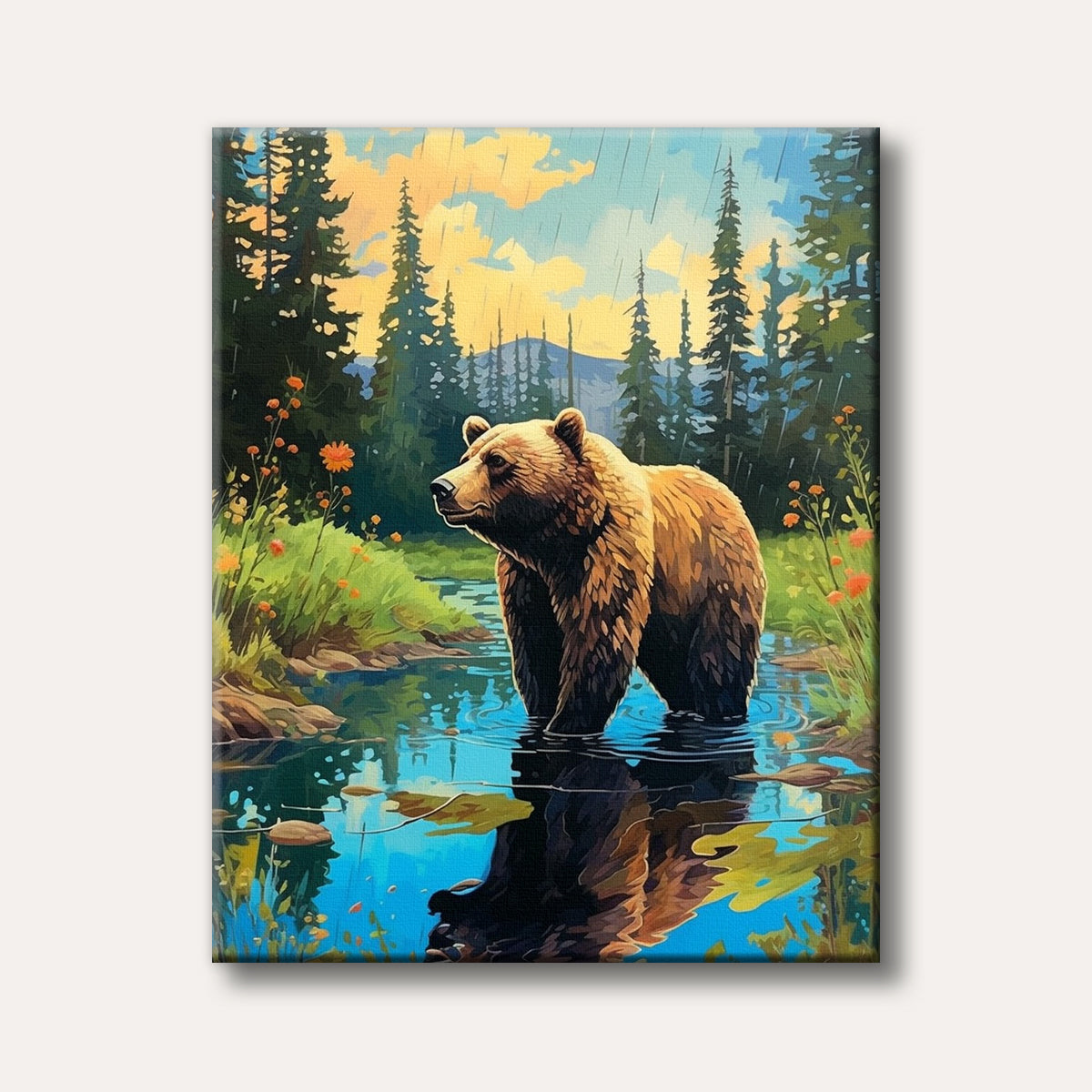 A large brown grizzly bear stands in a shallow forest stream, its reflection visible, as rain falls under a warm, colourful sky and tall pine trees, rendered in a vibrant, illustrative painting style.