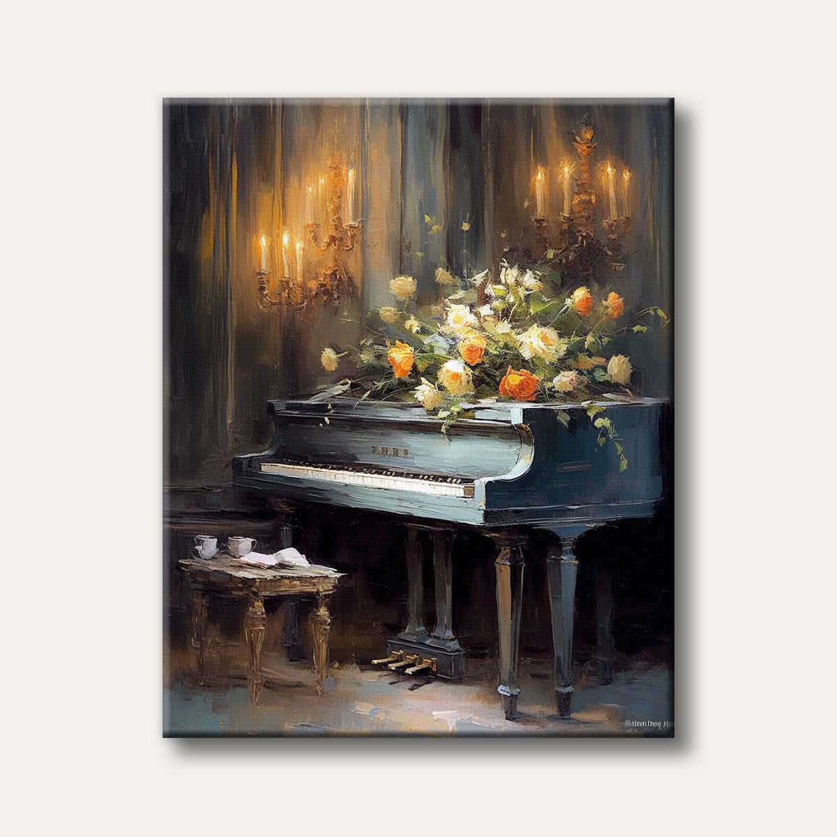 An elegant grand piano adorned with a vibrant bouquet of yellow and orange roses, illuminated by warm candlelight in a moody, impressionistic painting.