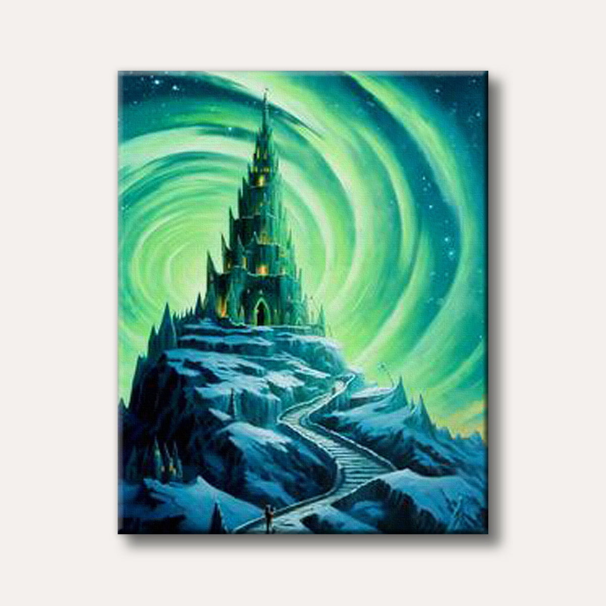 A dramatic fantasy painting of a towering, dark castle on a snowy peak under a vibrant green and teal aurora borealis, evoking a magical mood.