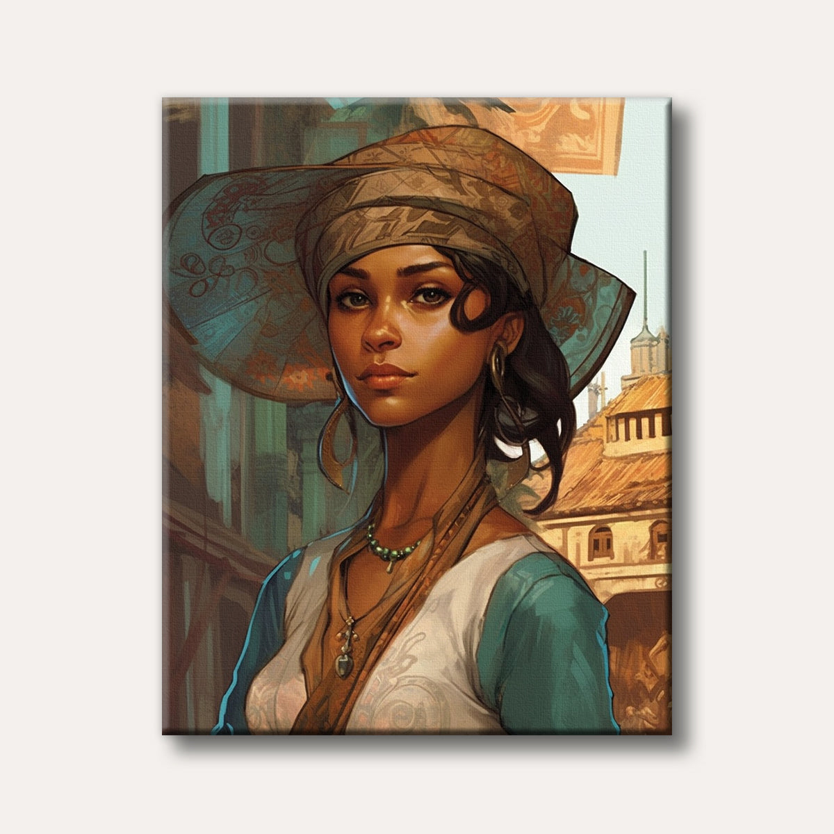 A striking portrait of an elegant woman wearing an ornate patterned hat and traditional jewelry, depicted in a digital art style with warm, earthy tones.