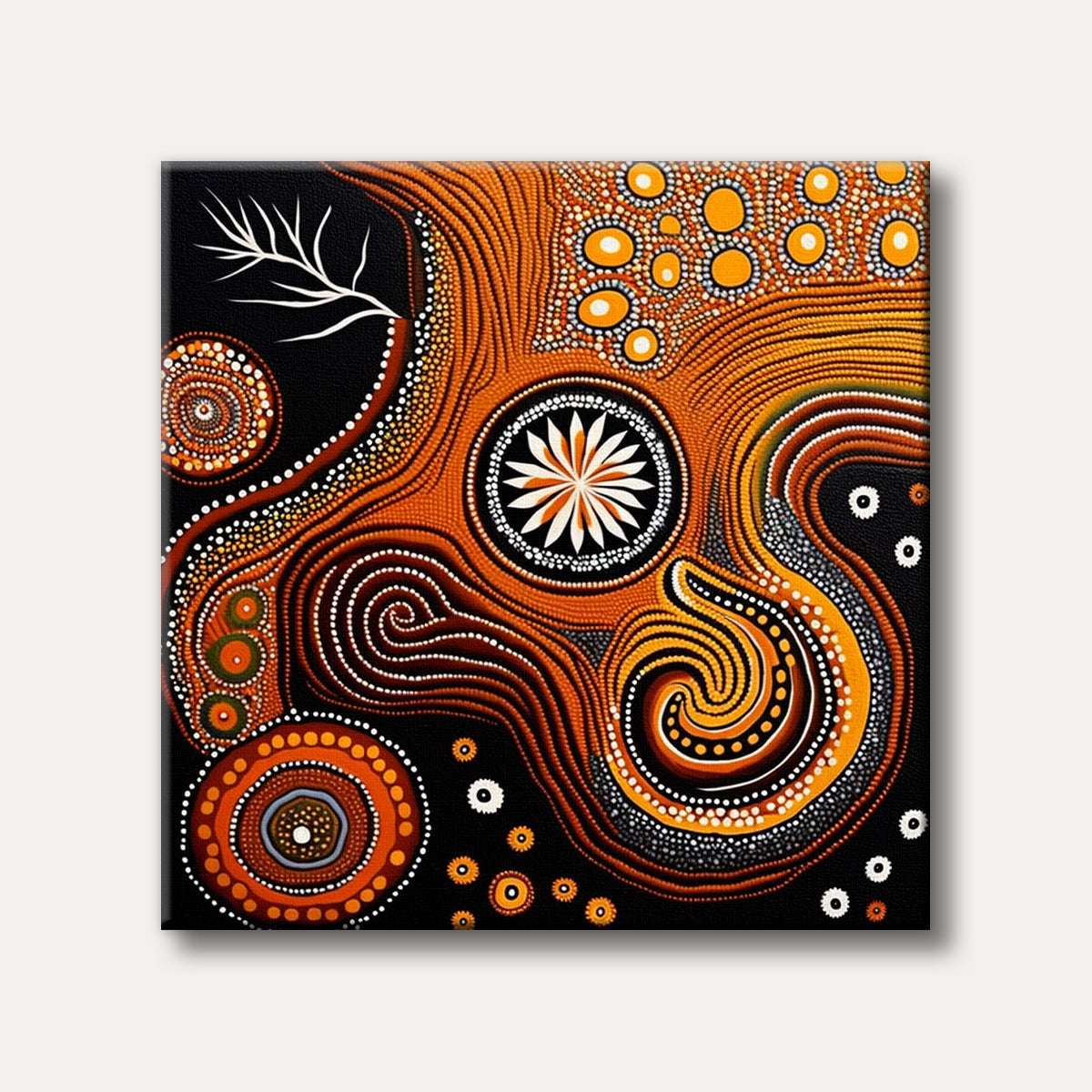 An intricate abstract dot painting in warm orange, yellow, and black, featuring organic lines, spirals, and circular patterns with a central floral design, reminiscent of Indigenous Australian art.
