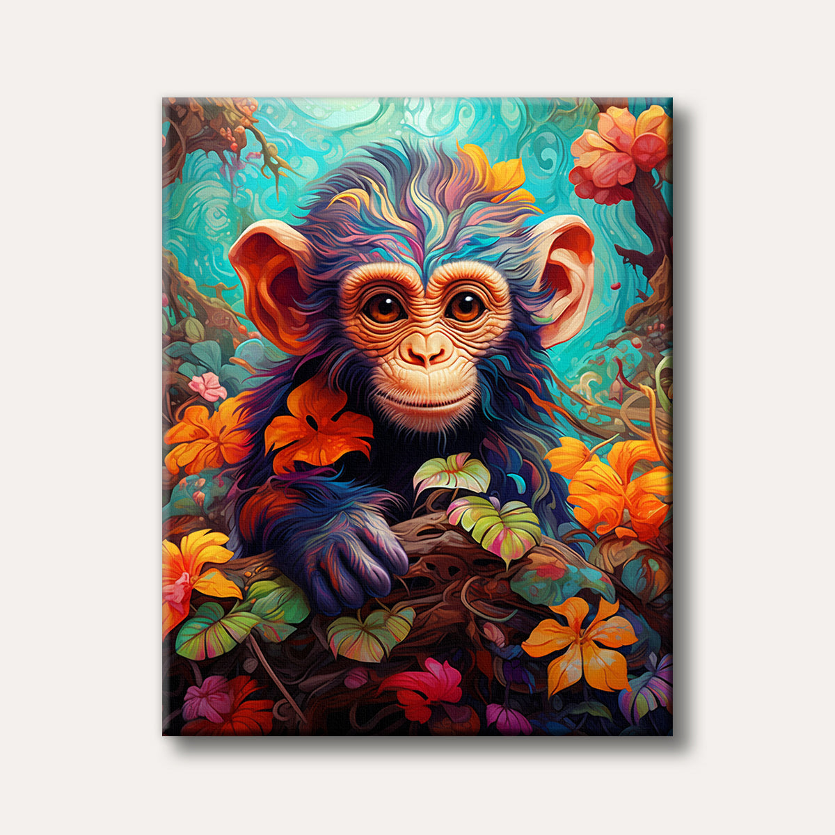 A brightly coloured baby monkey with large, curious eyes peeks through lush, vibrant foliage and bright flowers, rendered in a whimsical, illustrative art style.