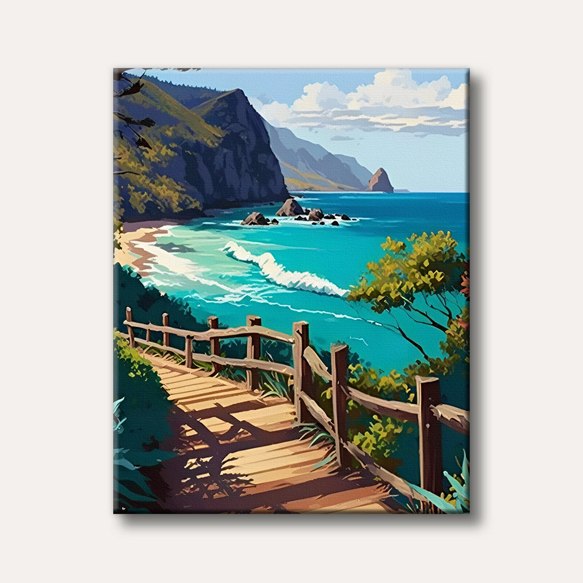A vibrant illustration of a wooden path leading down to a turquoise ocean beach with green cliffs and clear skies, rendered in a clean, stylized manner.