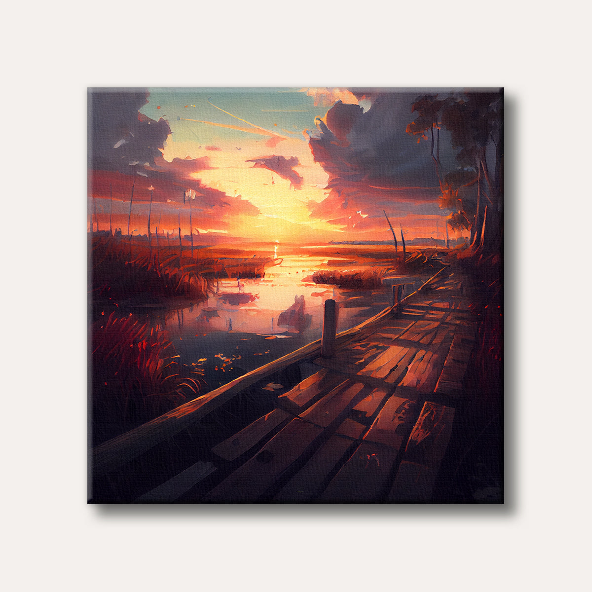 A painting depicting a vibrant orange and red sunset over a marshy landscape, with a wooden boardwalk extending into the water on the right, rendered in a warm, painterly style.