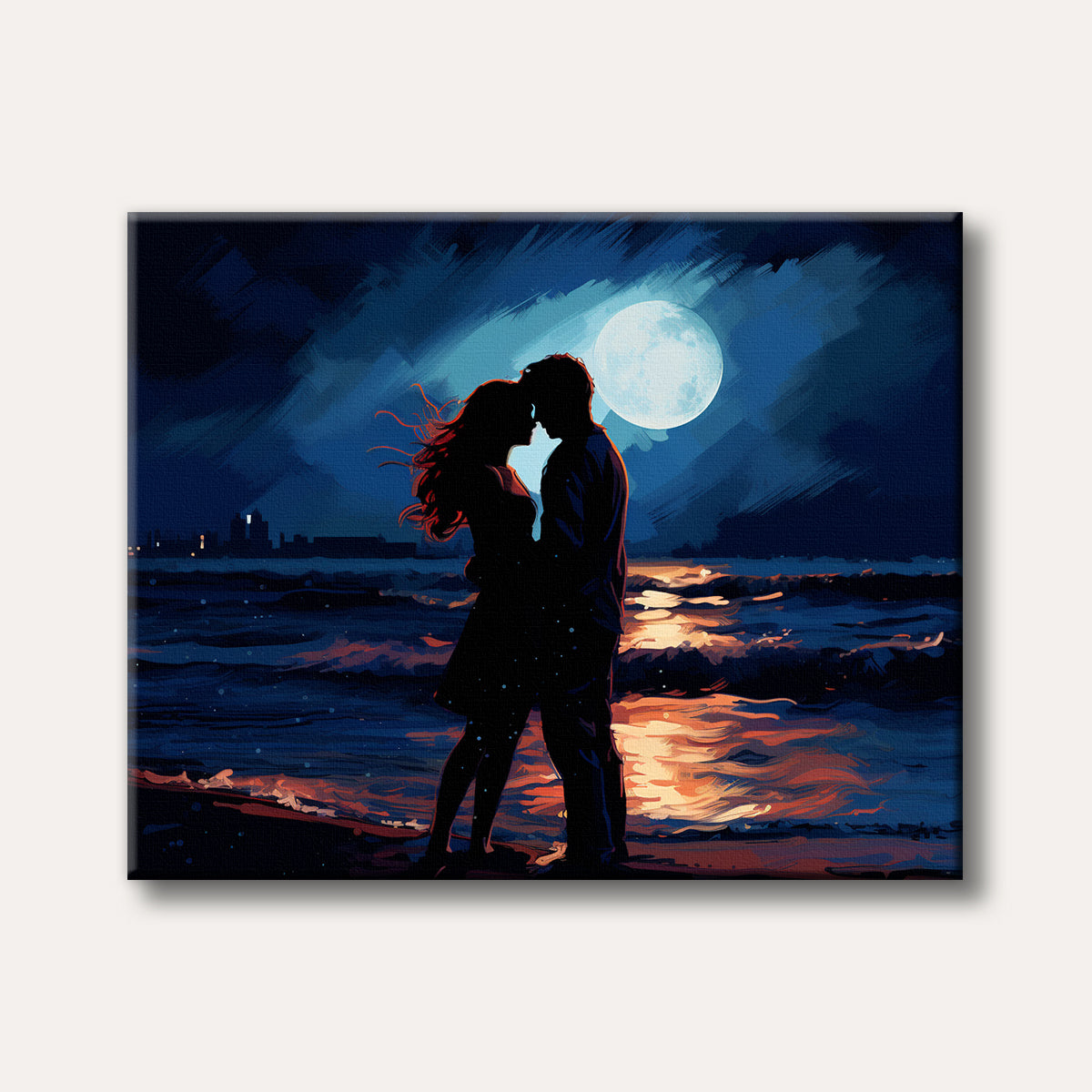 A romantic painting depicts a silhouetted couple embracing under a bright full moon on a dramatic, moonlit beach with warm reflections, rendered in a brushstroke-heavy, painterly style.