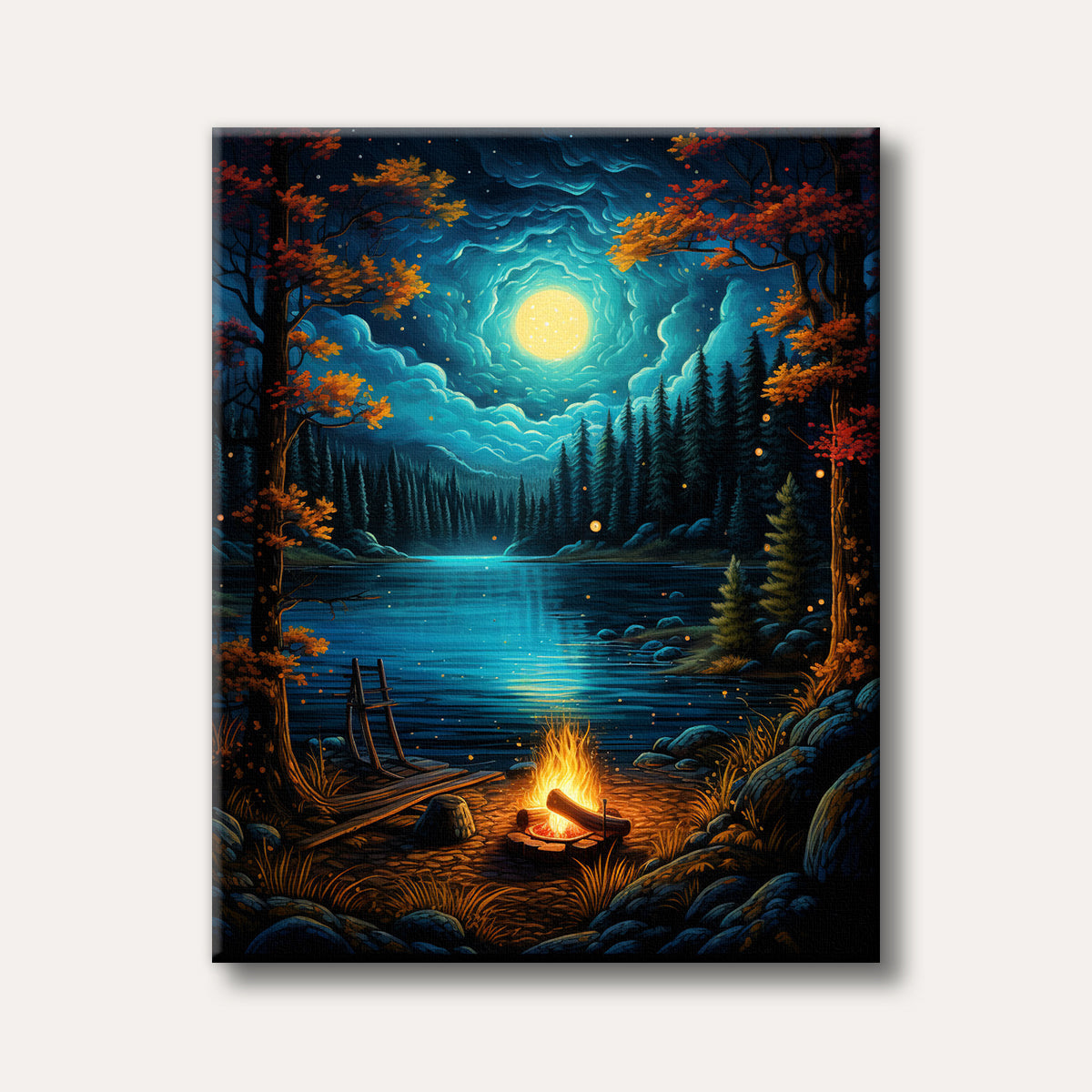 A magical night landscape painting depicting a bright full moon over a calm lake, surrounded by a dark pine forest and autumn trees, with a cozy campfire glowing on the shore and a small dock.