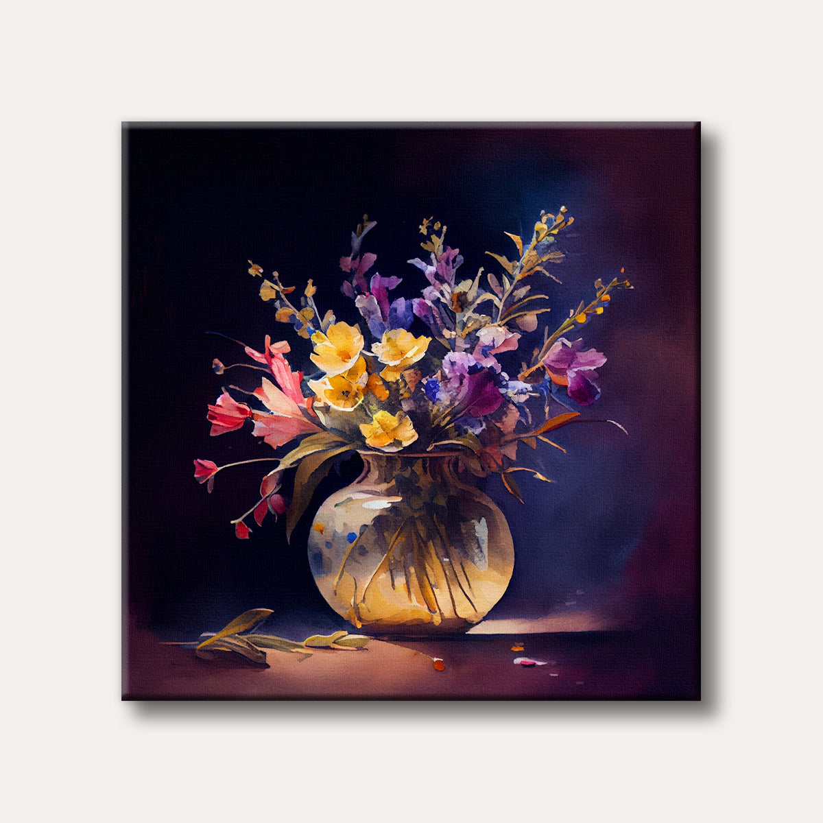 A vibrant watercolour painting depicting a bouquet of yellow, purple, and pink flowers in a glass vase, set against a dark, moody background.