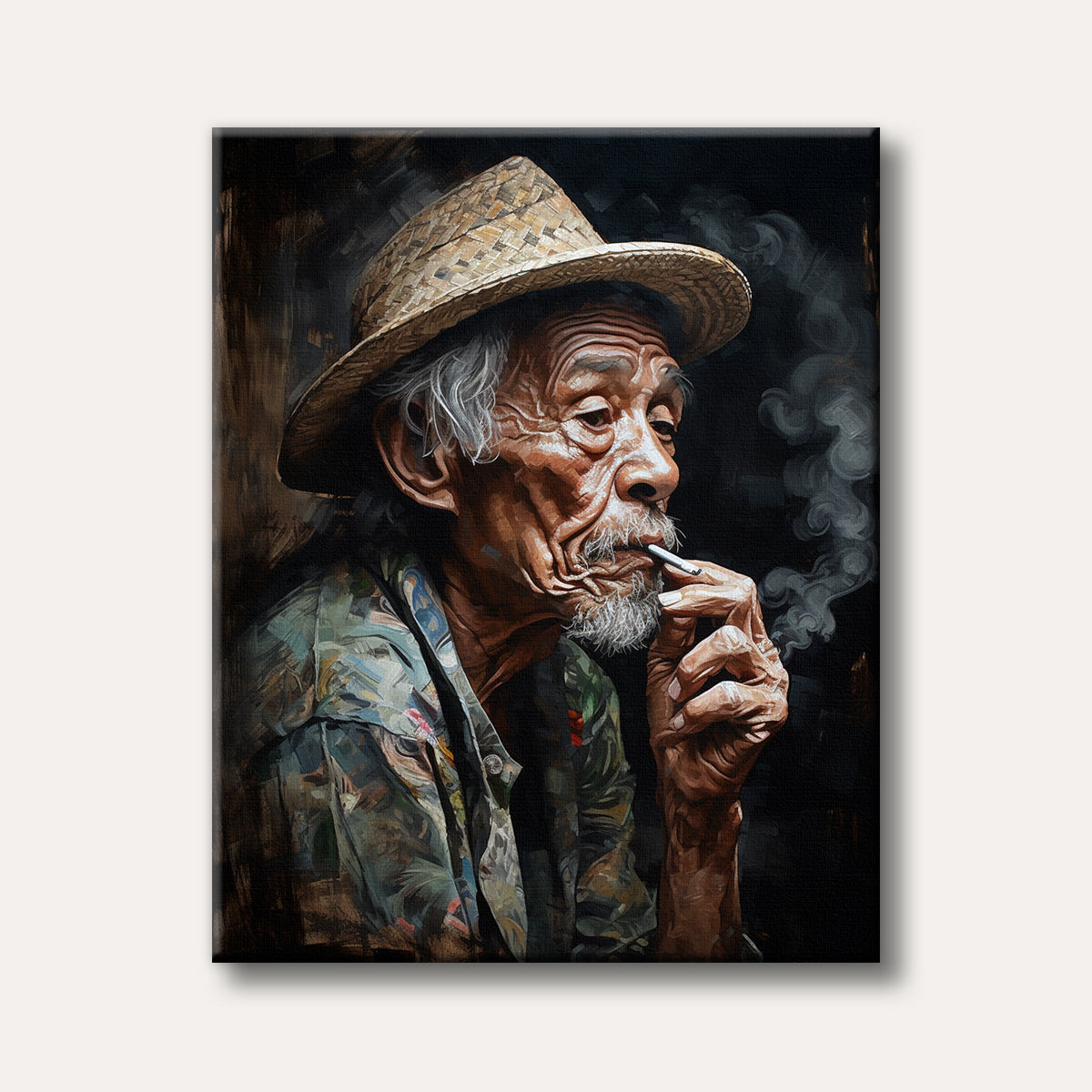 A realistic, detailed portrait painting of an elderly man with a straw hat and white beard, contemplatively smoking a cigarette with smoke swirling against a dark background, evoking a thoughtful mood.