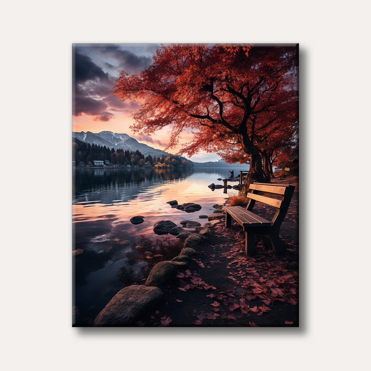 A vibrant autumn landscape painting depicting a large tree with striking red leaves beside a calm lake, reflecting a colourful sunset, with distant snowy mountains under a dramatic sky.