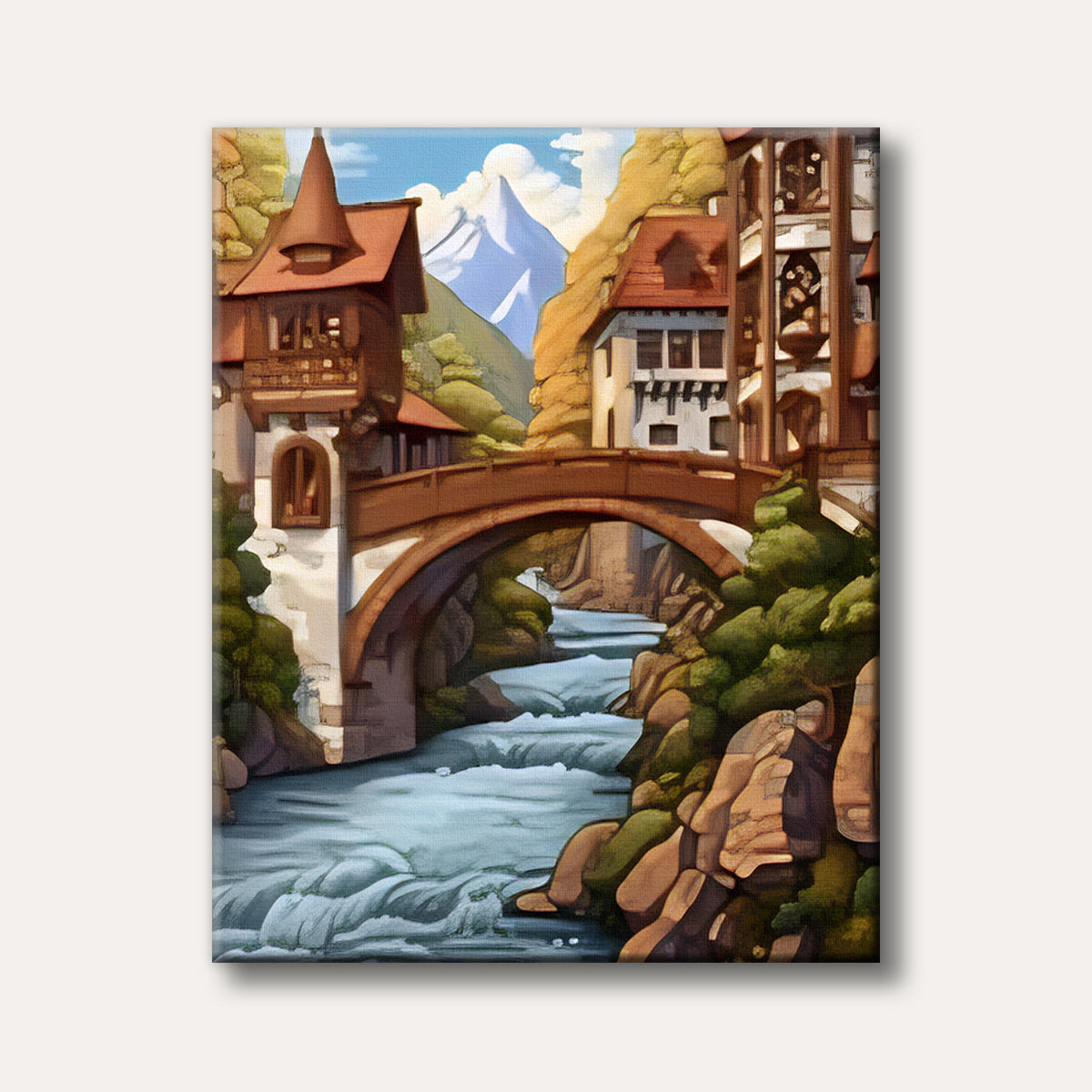 A picturesque village landscape with a brown stone bridge arching over a flowing blue river, flanked by multi-story houses built into steep, earthy cliffs, with snowy mountains in the background, depicted in a detailed, idyllic art style.