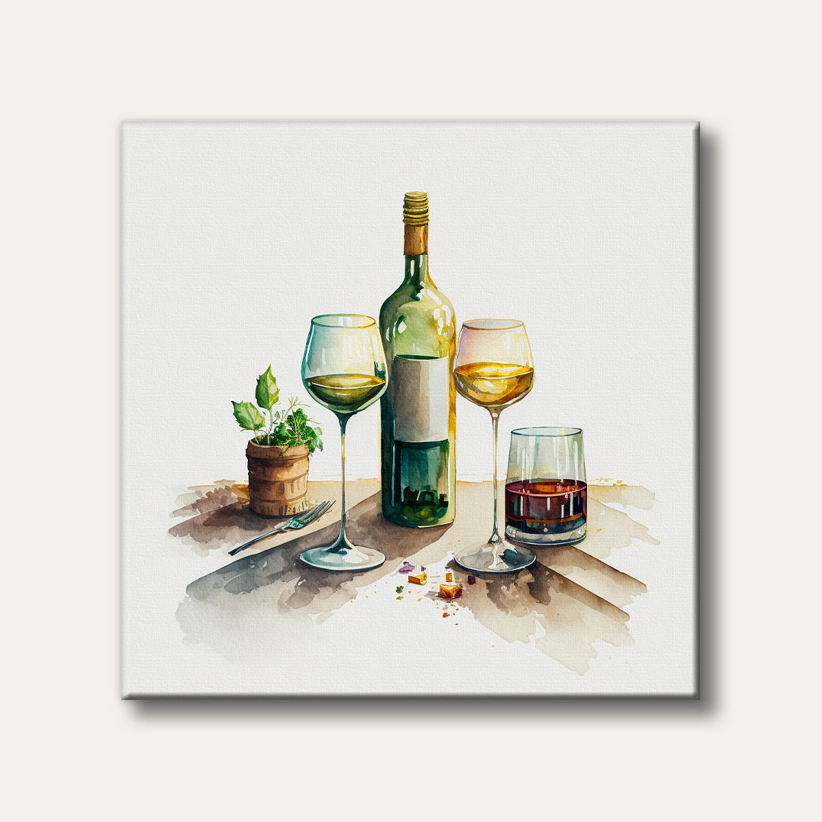 A watercolour painting depicting a still life arrangement with a green wine bottle, two wine glasses, a glass of red liquid, a potted plant, and a fork, rendered in a bright, minimalist style.