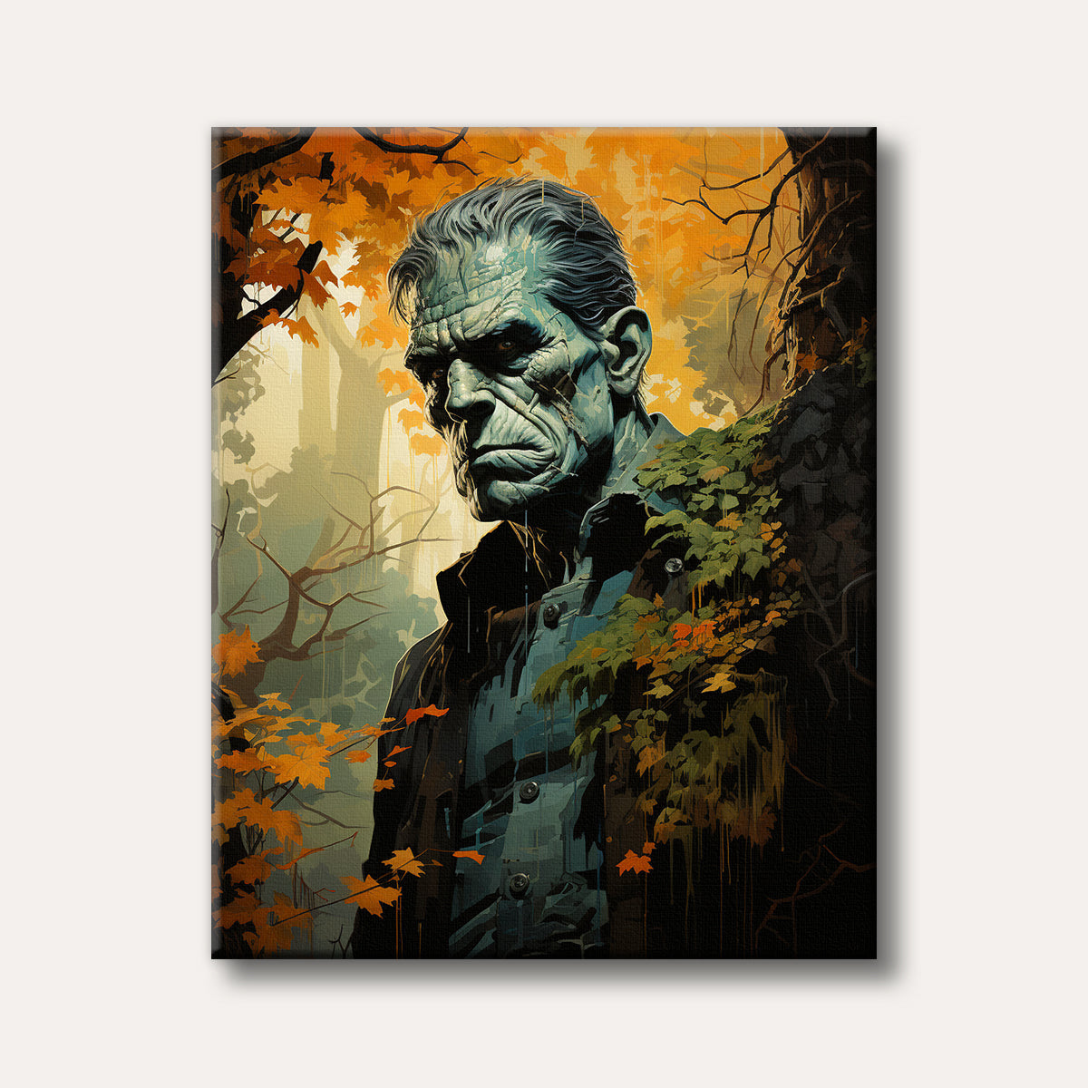 A stylized depiction of Frankenstein's monster with green skin and scars, standing in an autumnal forest with orange leaves and bare trees, rendered in a detailed, somewhat melancholic artistic style.