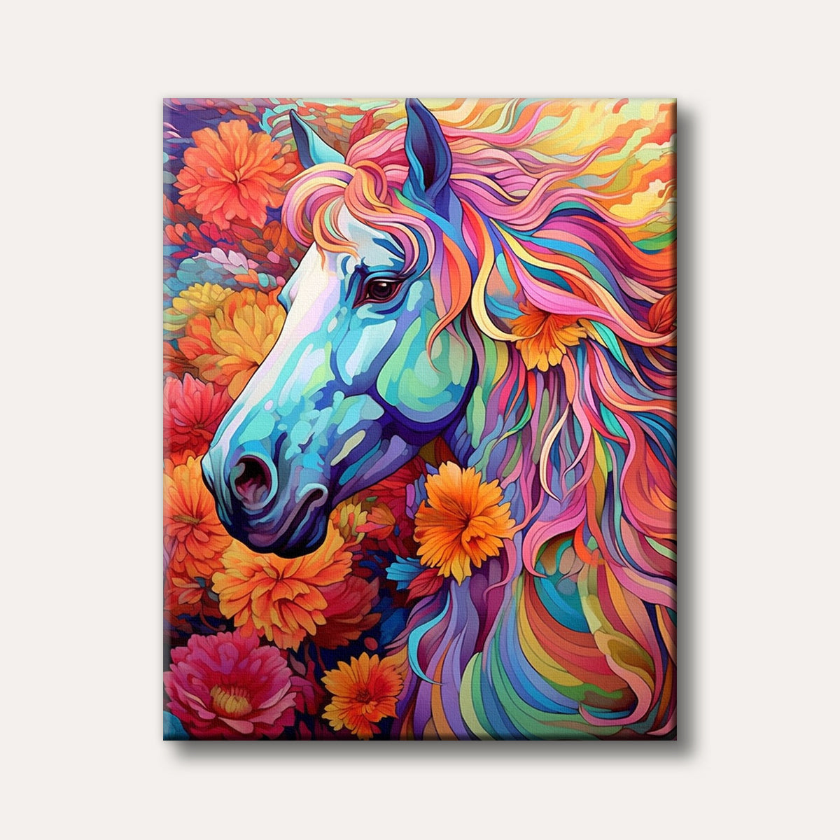 A brightly coloured horse with a flowing rainbow mane and blue-green body, surrounded by vibrant orange and red flowers, depicted in a modern, artistic style.