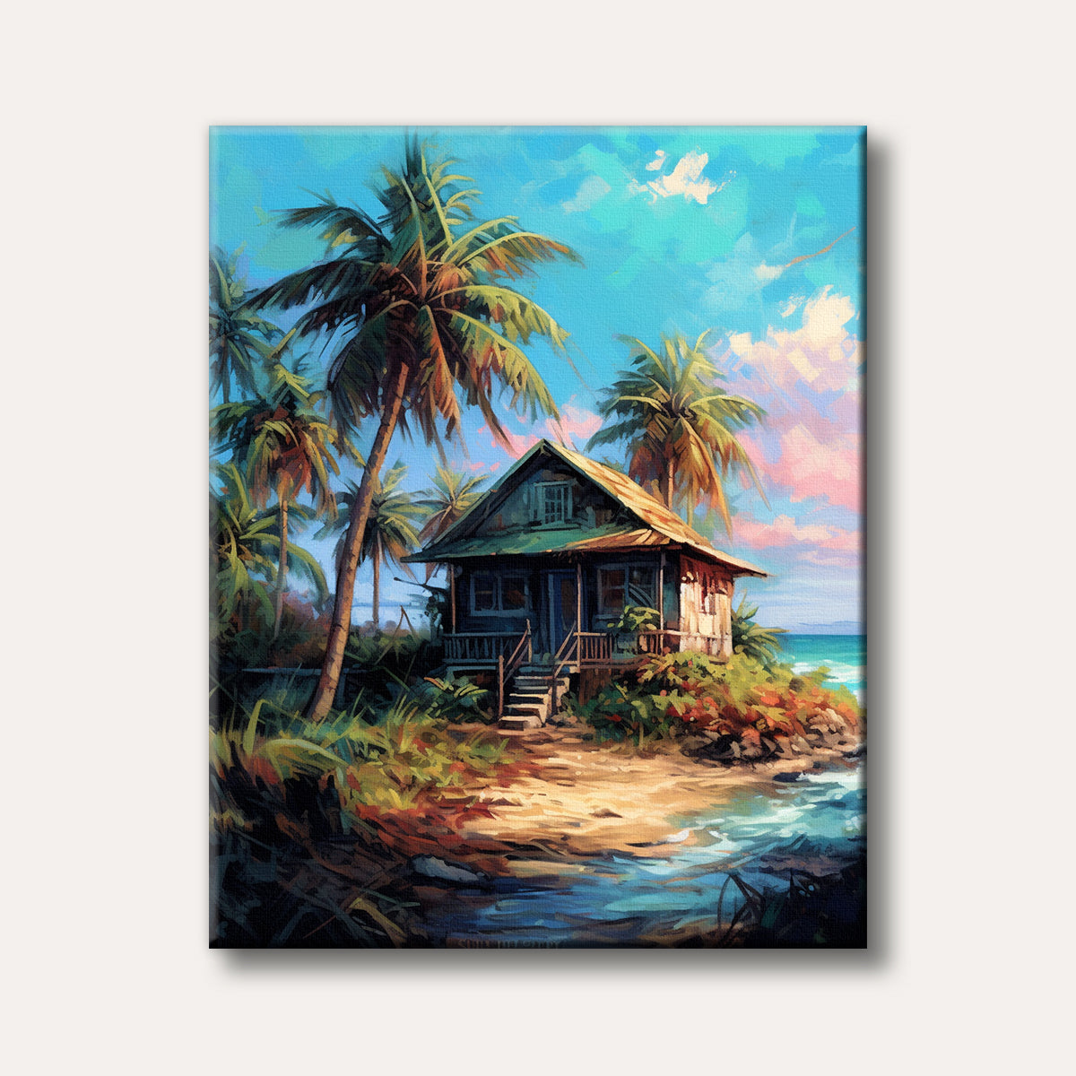 A vibrant impressionistic painting of a rustic wooden beach house nestled among tall palm trees on a tropical coastline with turquoise ocean waves.