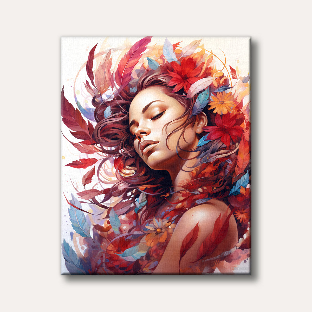 A serene portrait of a woman with closed eyes, surrounded by flowing red and orange feathers and colourful abstract flowers, rendered in a vibrant, artistic style.