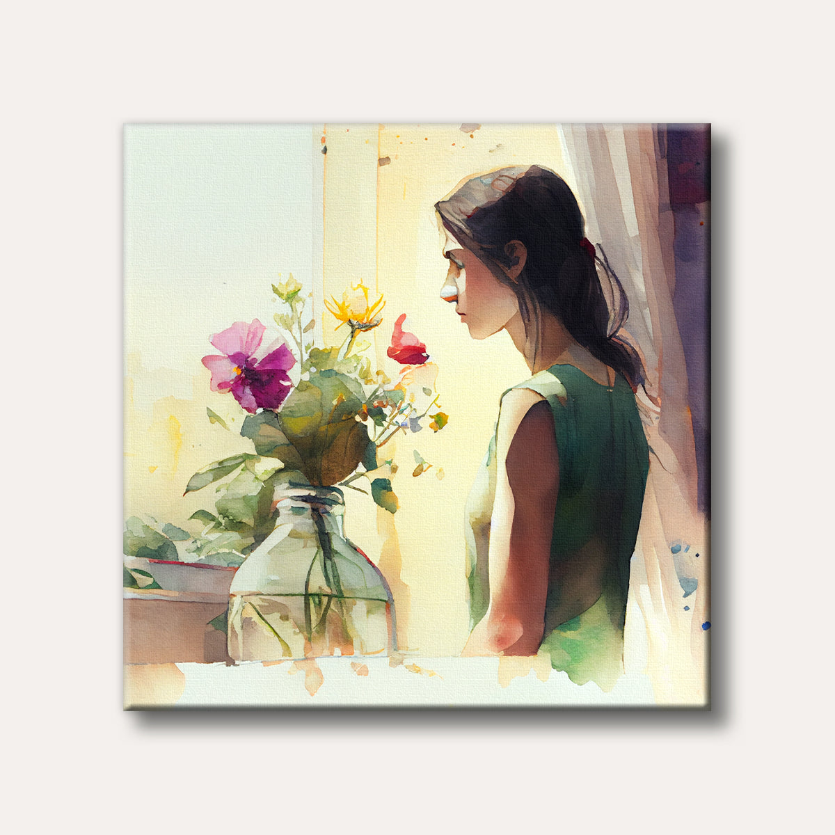A contemplative woman standing by a window looking at a vase of colourful flowers, rendered in a soft watercolour style.