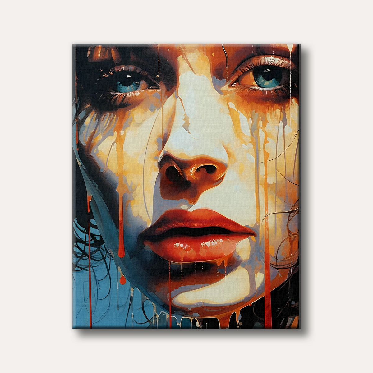 A close-up portrait of a woman's face with paint dripping effects, featuring intense blue eyes and vibrant red lips, painted in a modern, expressive style.