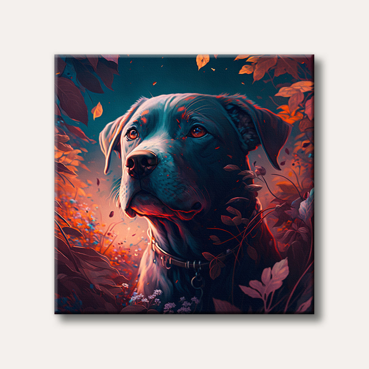 A mystical dog with luminous orange eyes looks upward, surrounded by rich, vibrant foliage in shades of orange and deep blue, rendered in a fantastical art style.