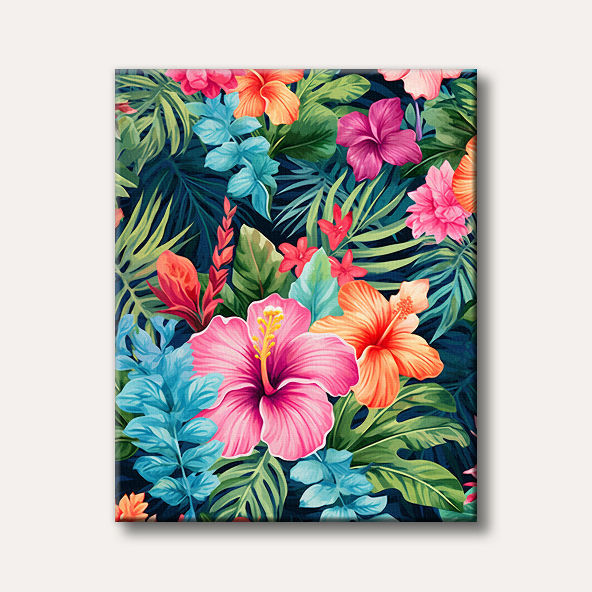 A vibrant pattern featuring various tropical flowers such as pink hibiscus and orange blossoms, set amongst lush green and teal foliage on a dark background, rendered in a colourful and stylized artistic style.