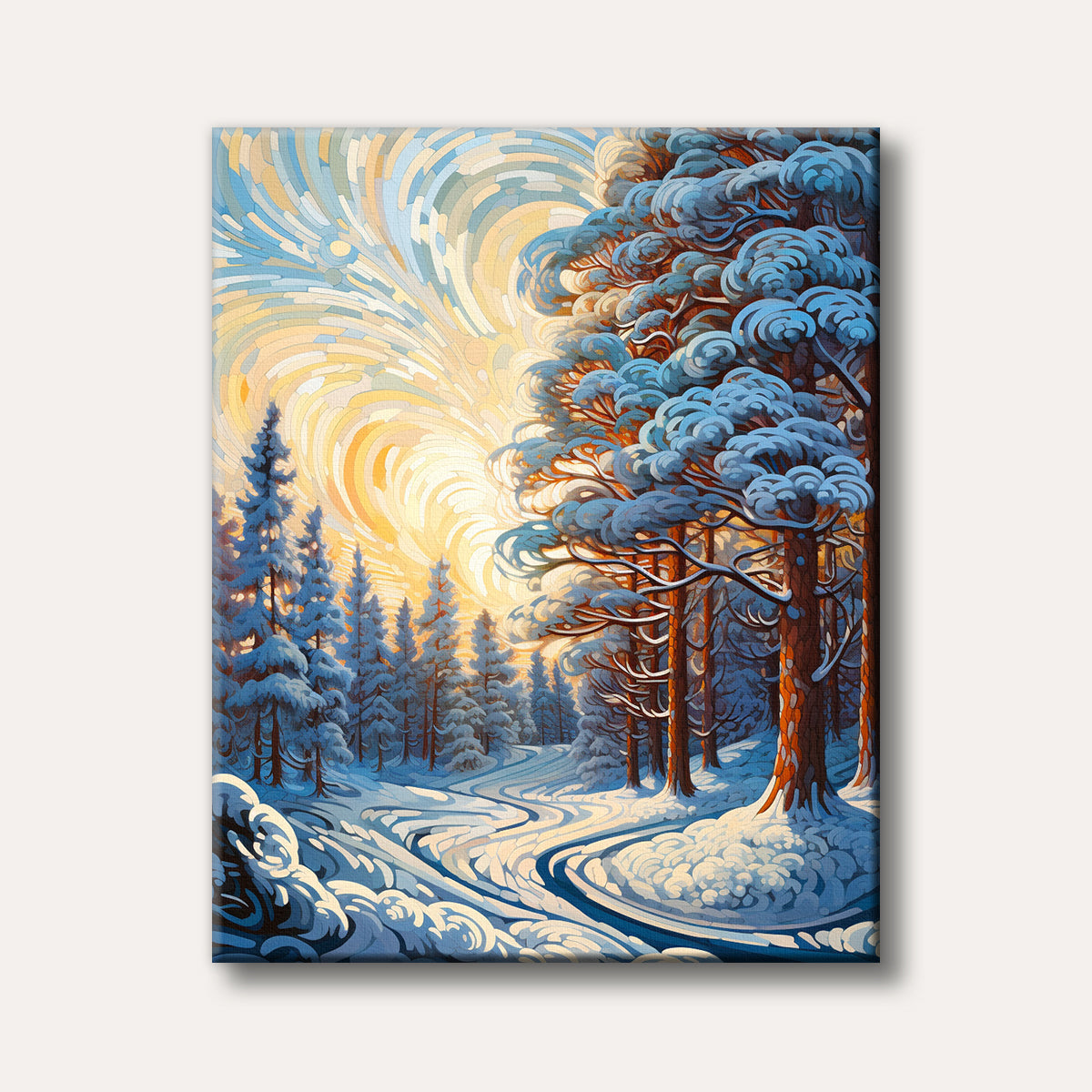 A vibrant winter landscape art piece depicting snow-covered trees and a winding path under a mosaic-like sunburst sky, rendered in a unique stylized technique.