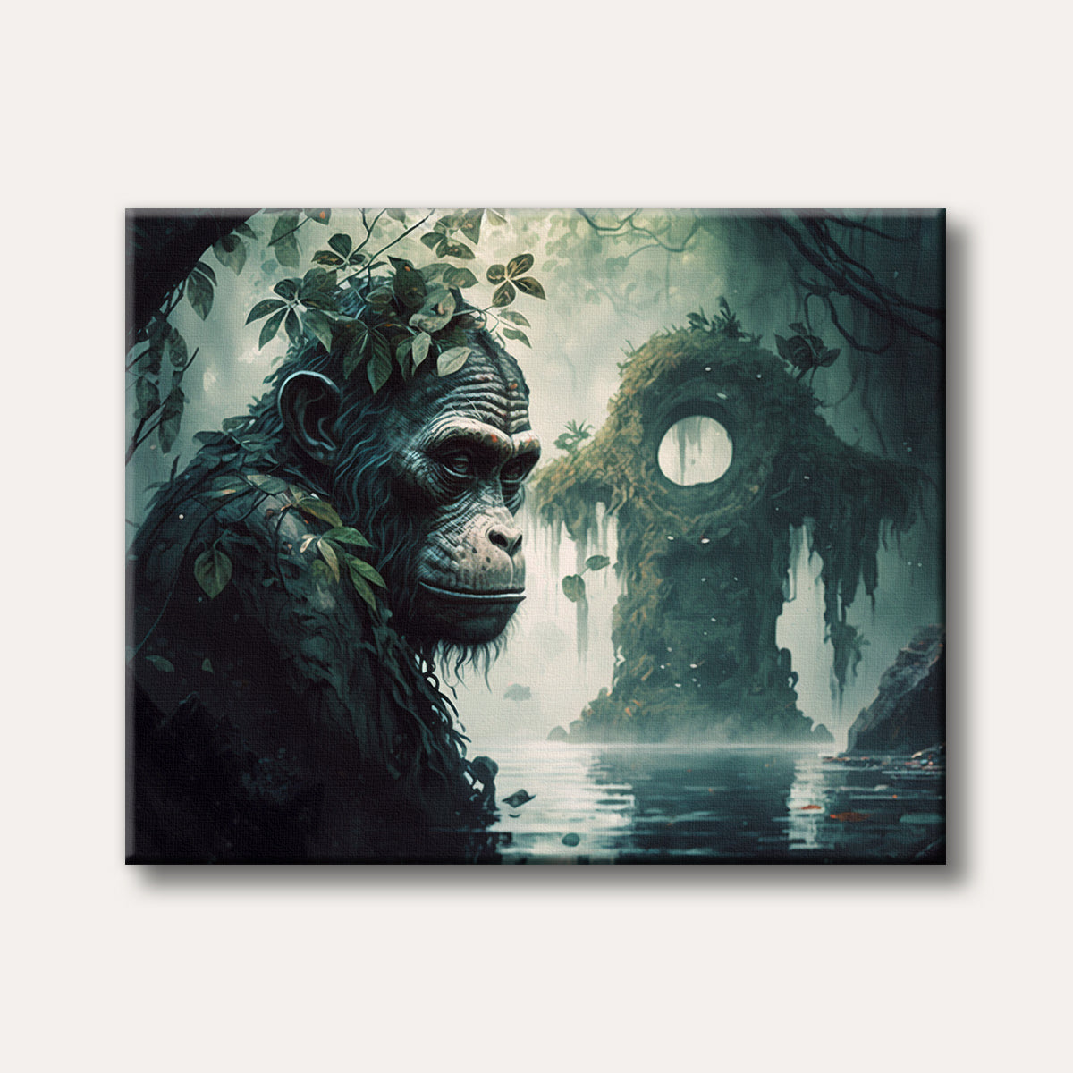 A majestic, wise-looking chimpanzee-like guardian made of roots and foliage gazes over a misty jungle river, rendered in a mystical and detailed digital art style.