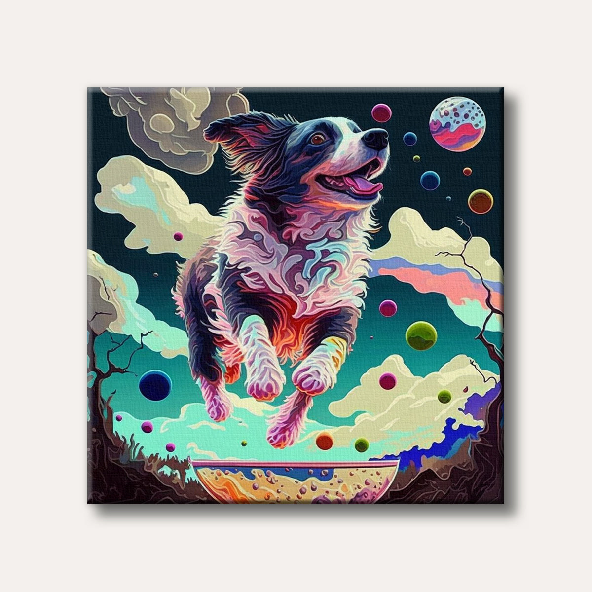 A vibrant, psychedelic painting of a happy border collie-like dog leaping amidst colourful floating spheres and whimsical clouds in a fantastical dreamscape.