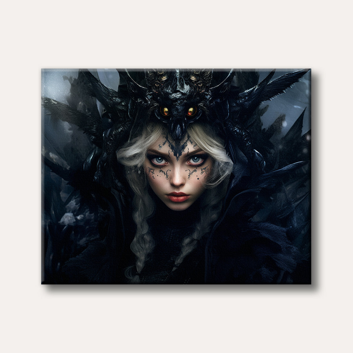 A close-up portrait of a fantasy empress with pale skin, blue eyes, and white hair, adorned with an elaborate dark, horned headdress and facial markings, set against a mysterious dark background in a realistic, dark fantasy style.