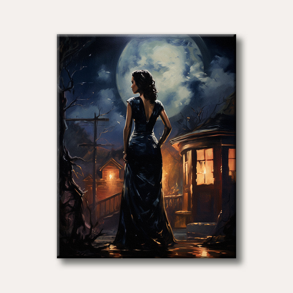 A woman in a dark dress stands looking at a large full moon in a dramatic, impressionistic night scene with glowing house lights.