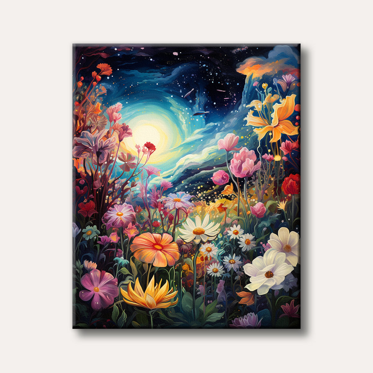 A vibrant, fantastical painting depicting a lush garden filled with colourful, blooming flowers under a swirling night sky with a radiant sun-like moon and scattered stars.