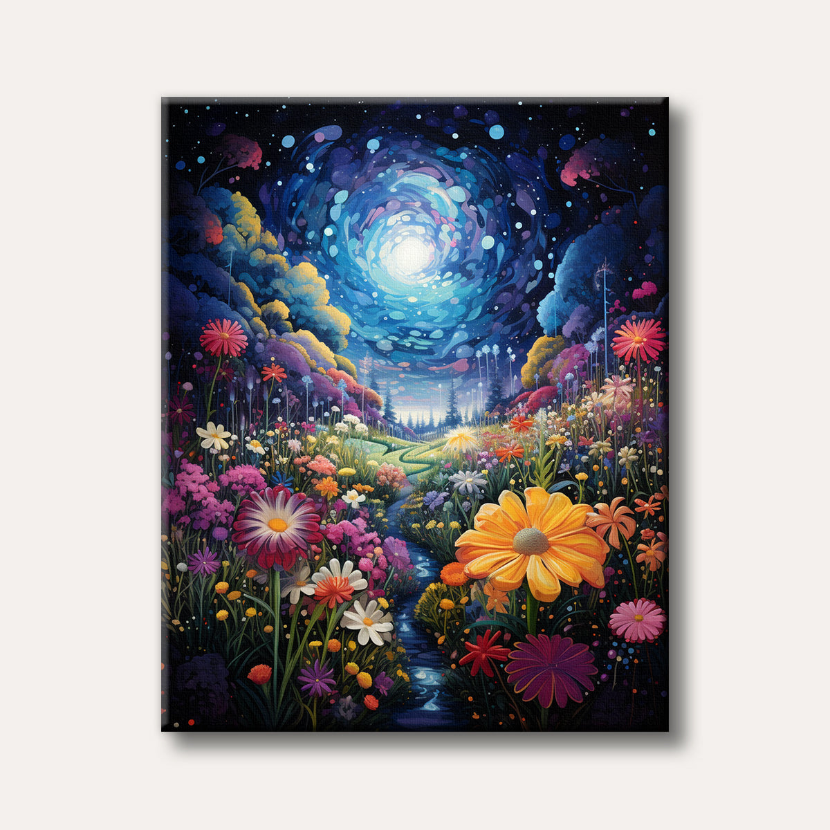 A vibrant fantasy landscape painting depicting a luminous cosmic swirl above a colourful meadow with a winding stream, rendered in a whimsical and magical style.