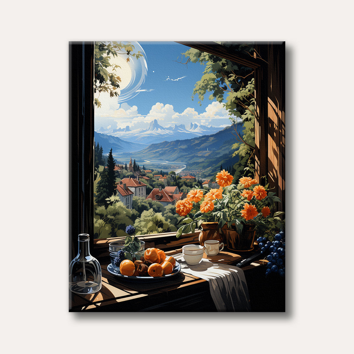 A vibrant view from a wooden window frame looking out over a sunlit mountain valley, with a village, river, and snow-capped peaks in the distance, and a still life of fruit and orange flowers on the windowsill in the foreground.