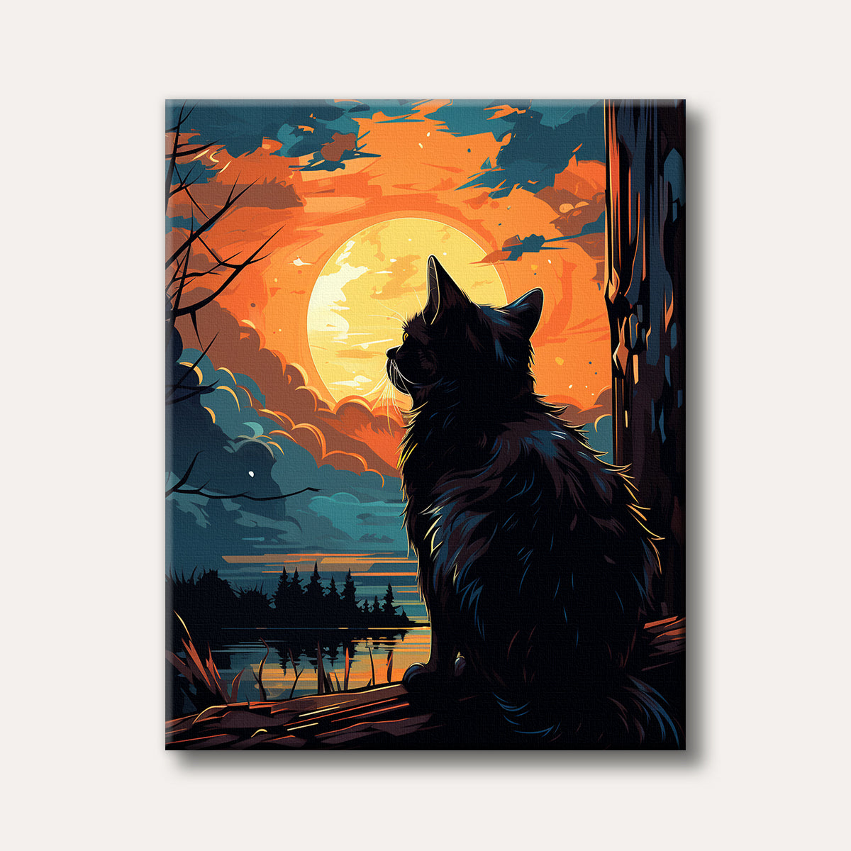 A stylized illustration of a black cat sitting by a lake, gazing at a large, luminous orange full moon or sunset, depicted with bold colours and strong outlines.